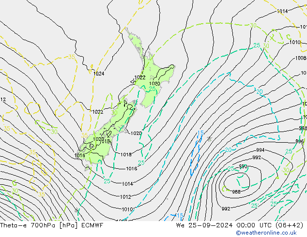 Theta-e 700hPa ECMWF mer 25.09.2024 00 UTC