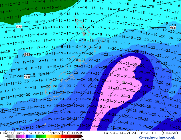 Z500/Rain (+SLP)/Z850 ECMWF wto. 24.09.2024 18 UTC