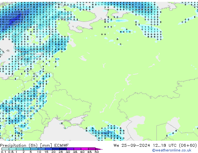 Precipitation (6h) ECMWF We 25.09.2024 18 UTC