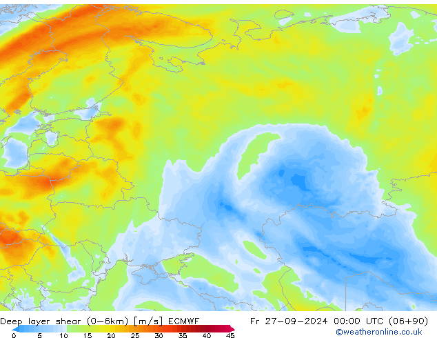 Deep layer shear (0-6km) ECMWF пт 27.09.2024 00 UTC