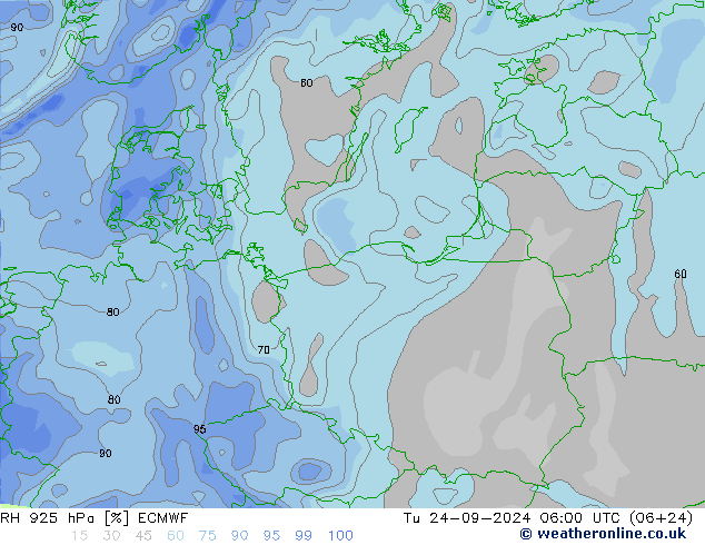 RH 925 hPa ECMWF wto. 24.09.2024 06 UTC