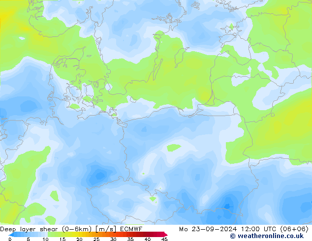 Deep layer shear (0-6km) ECMWF Mo 23.09.2024 12 UTC