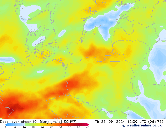 Deep layer shear (0-6km) ECMWF Th 26.09.2024 12 UTC