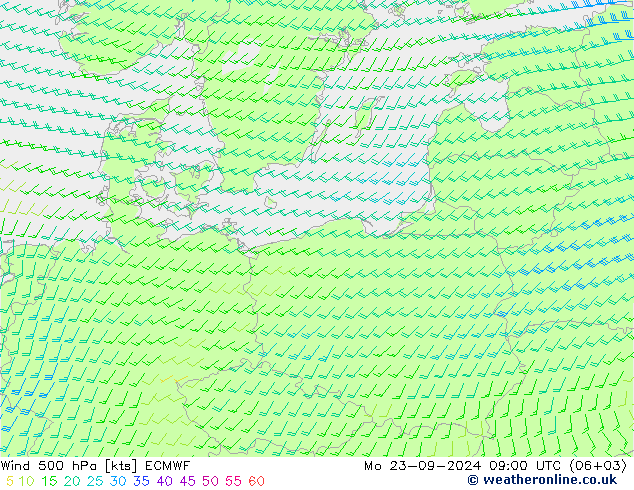 Vento 500 hPa ECMWF Seg 23.09.2024 09 UTC