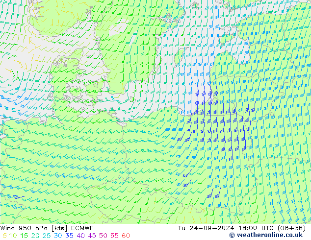 Vento 950 hPa ECMWF mar 24.09.2024 18 UTC