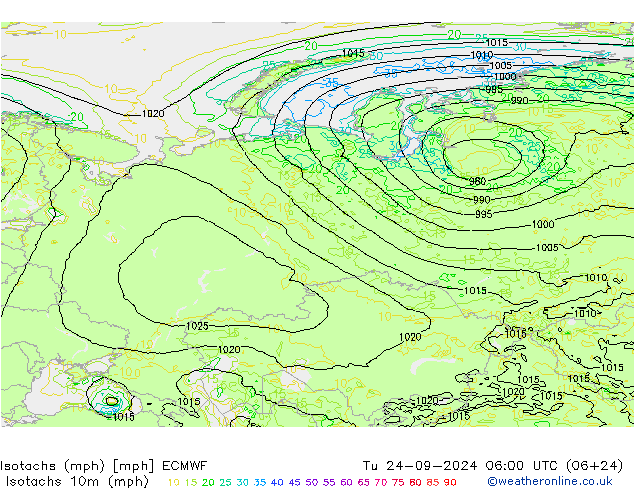 Isotachs (mph) ECMWF mar 24.09.2024 06 UTC