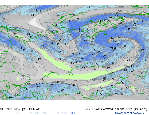 RH 700 hPa ECMWF Mo 23.09.2024 18 UTC