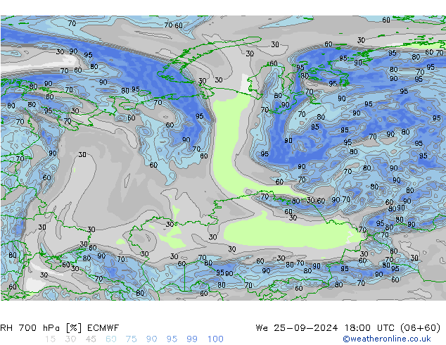 RH 700 hPa ECMWF We 25.09.2024 18 UTC