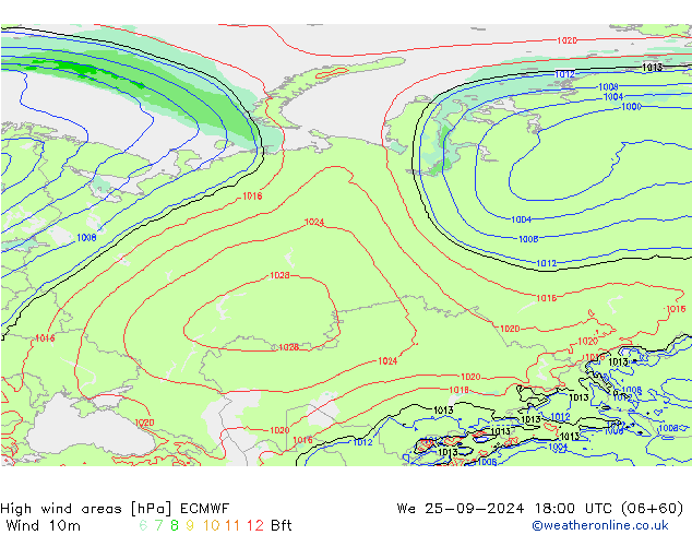 High wind areas ECMWF mié 25.09.2024 18 UTC