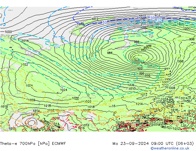 Theta-e 700hPa ECMWF Mo 23.09.2024 09 UTC