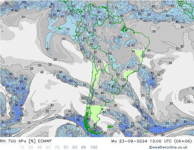 RH 700 гПа ECMWF пн 23.09.2024 12 UTC