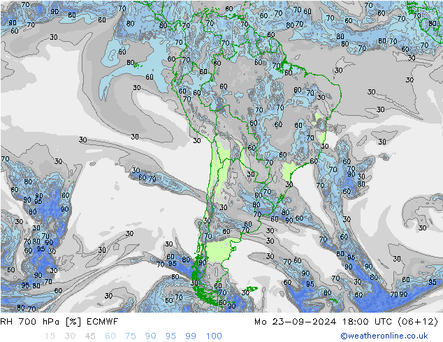 RH 700 hPa ECMWF pon. 23.09.2024 18 UTC