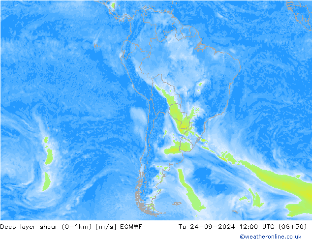 Deep layer shear (0-1km) ECMWF mar 24.09.2024 12 UTC