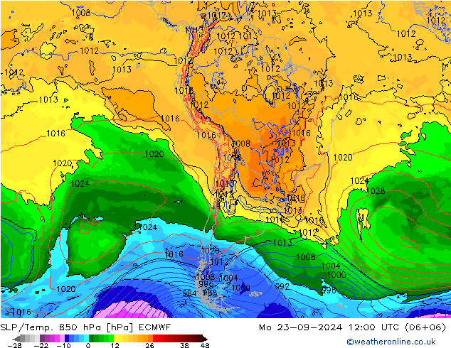 SLP/Temp. 850 гПа ECMWF пн 23.09.2024 12 UTC