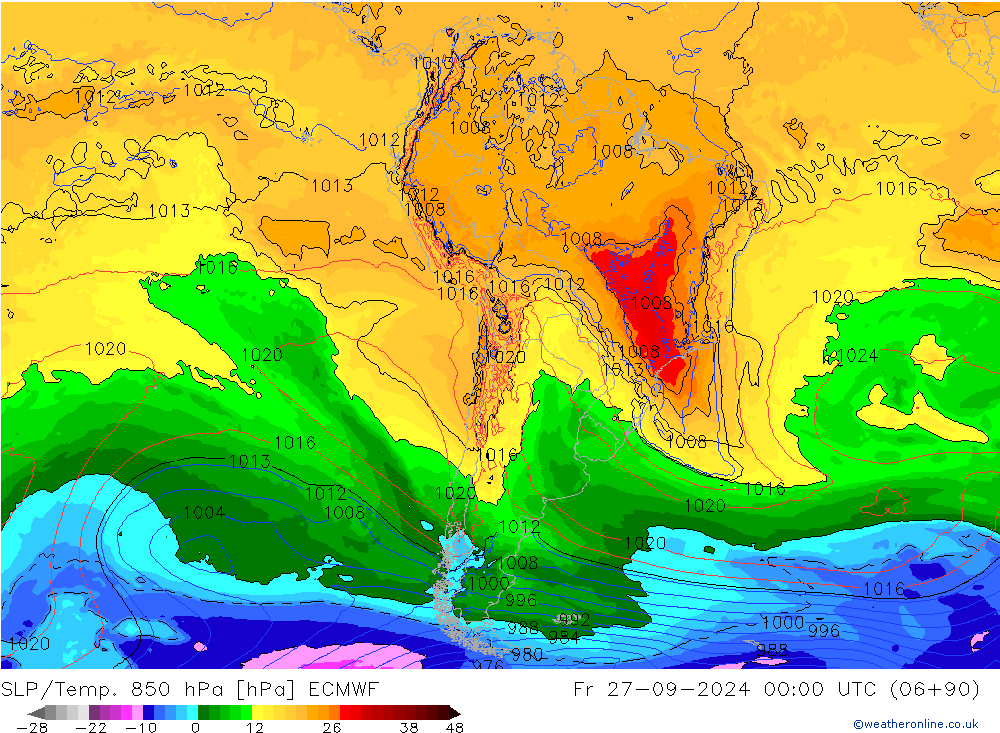 SLP/Temp. 850 hPa ECMWF vr 27.09.2024 00 UTC