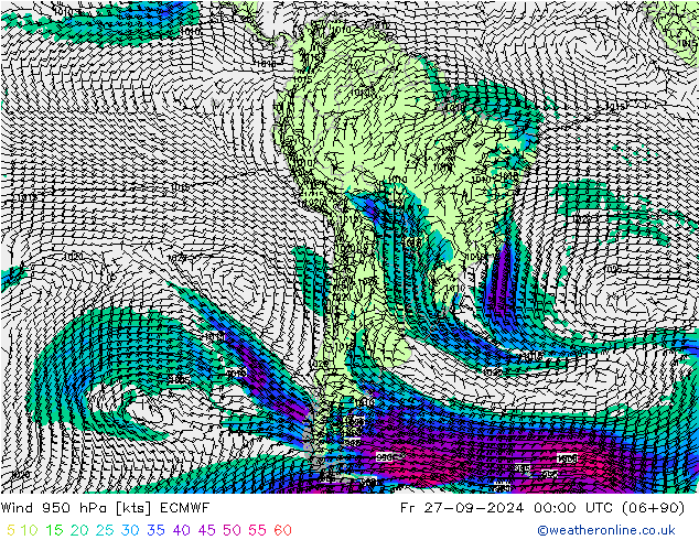 Rüzgar 950 hPa ECMWF Cu 27.09.2024 00 UTC