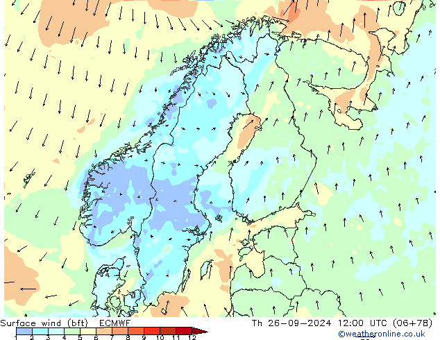 Viento 10 m (bft) ECMWF jue 26.09.2024 12 UTC