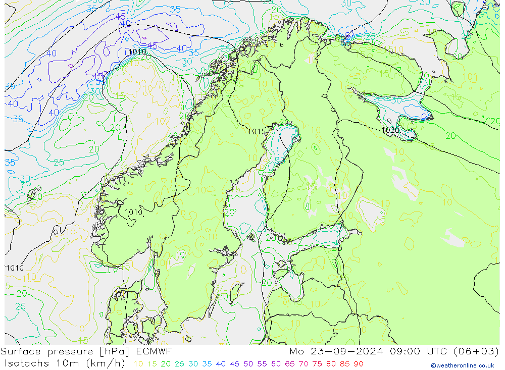 Isotachs (kph) ECMWF Seg 23.09.2024 09 UTC