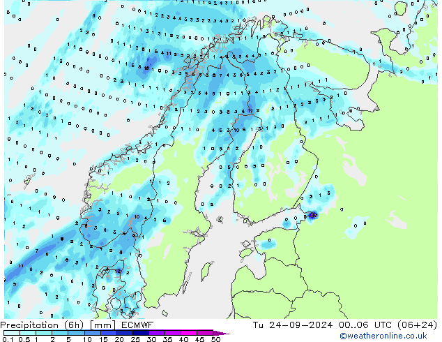 Z500/Rain (+SLP)/Z850 ECMWF Út 24.09.2024 06 UTC