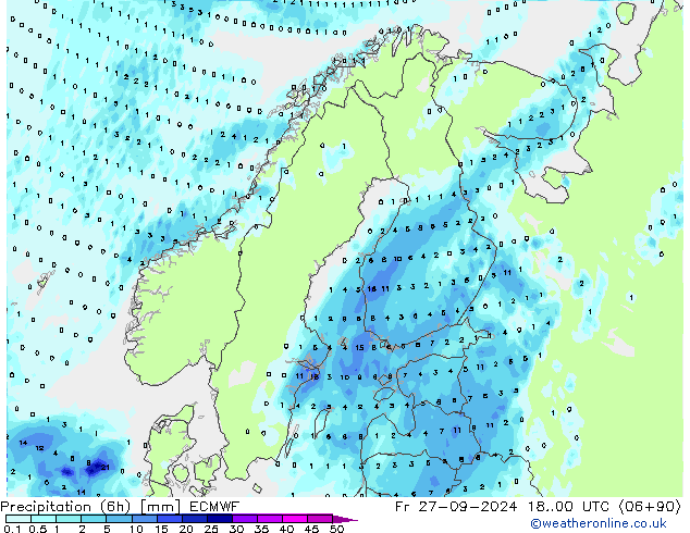 Totale neerslag (6h) ECMWF vr 27.09.2024 00 UTC