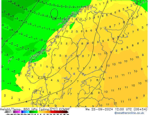 Height/Temp. 850 hPa ECMWF Qua 25.09.2024 12 UTC