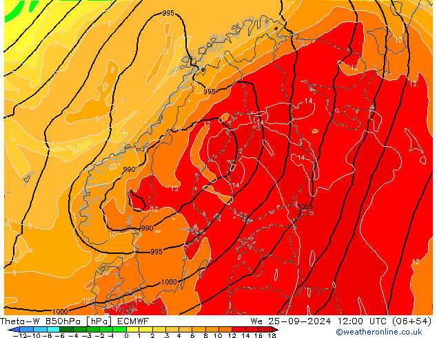 Theta-W 850hPa ECMWF Qua 25.09.2024 12 UTC