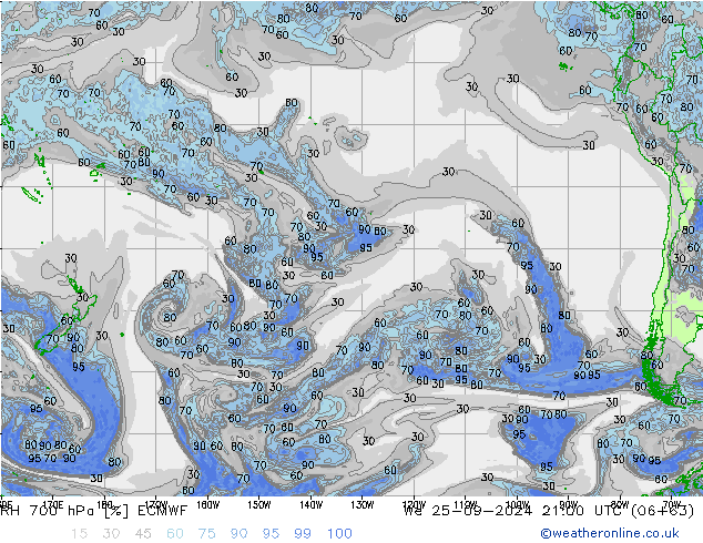 RH 700 hPa ECMWF We 25.09.2024 21 UTC