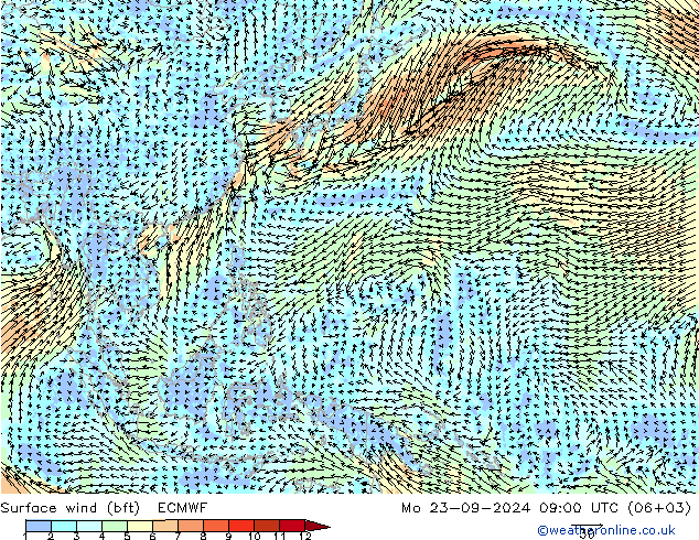 Surface wind (bft) ECMWF Po 23.09.2024 09 UTC