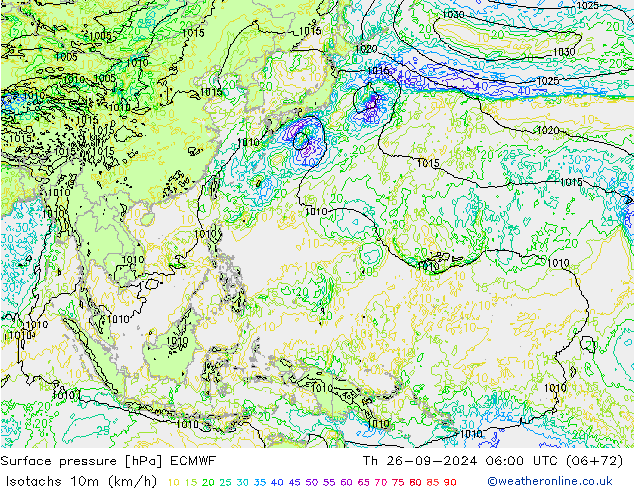 Isotachs (kph) ECMWF Th 26.09.2024 06 UTC