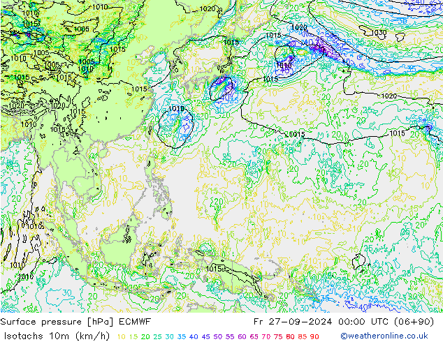 Isotachs (kph) ECMWF Sex 27.09.2024 00 UTC