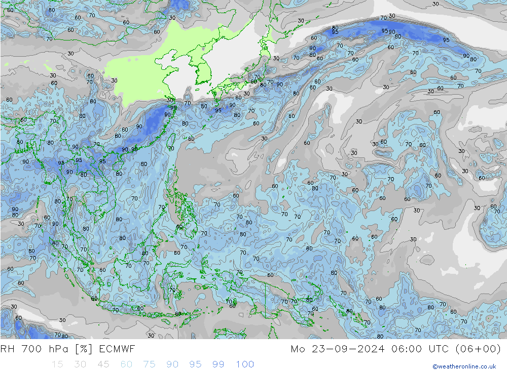 RH 700 hPa ECMWF pon. 23.09.2024 06 UTC