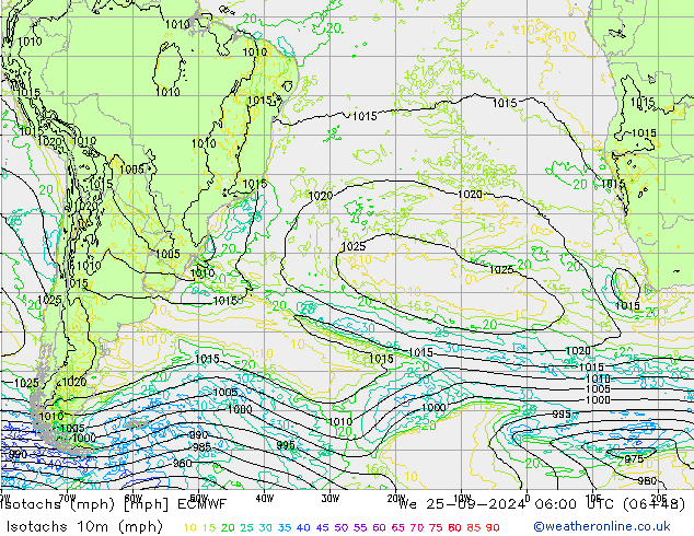 Isotachs (mph) ECMWF We 25.09.2024 06 UTC