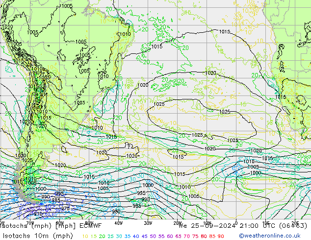 Isotaca (mph) ECMWF mié 25.09.2024 21 UTC