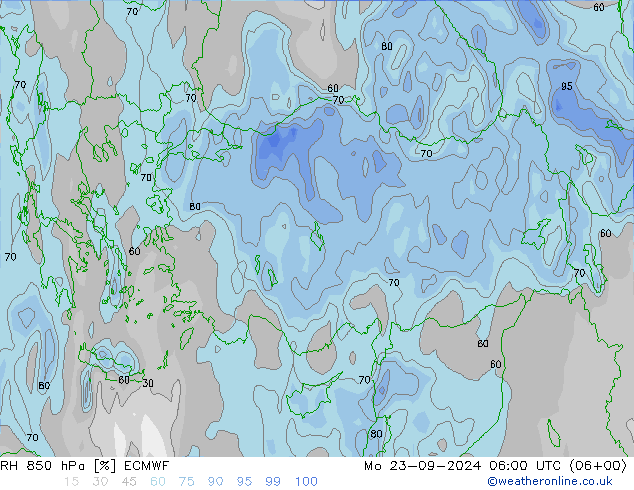 Humidité rel. 850 hPa ECMWF lun 23.09.2024 06 UTC