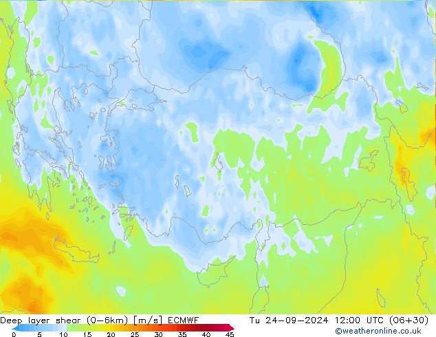 Deep layer shear (0-6km) ECMWF Tu 24.09.2024 12 UTC