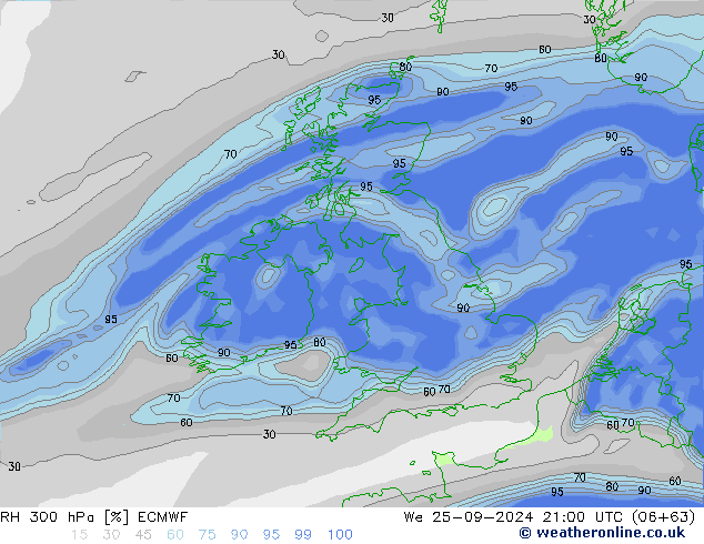 RH 300 hPa ECMWF We 25.09.2024 21 UTC