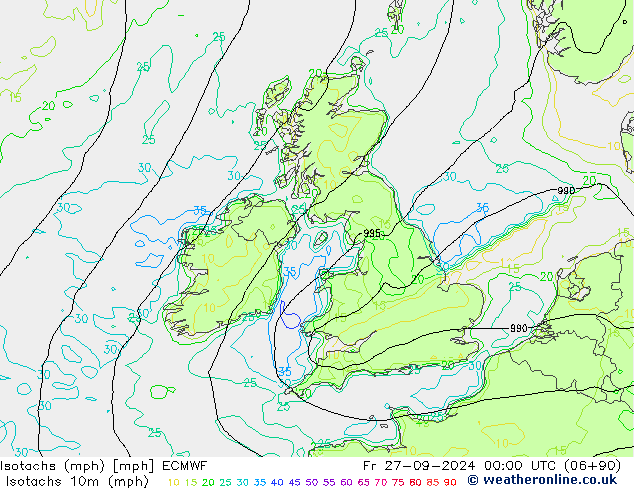 Isotachs (mph) ECMWF Fr 27.09.2024 00 UTC