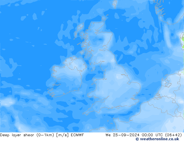 Deep layer shear (0-1km) ECMWF Qua 25.09.2024 00 UTC