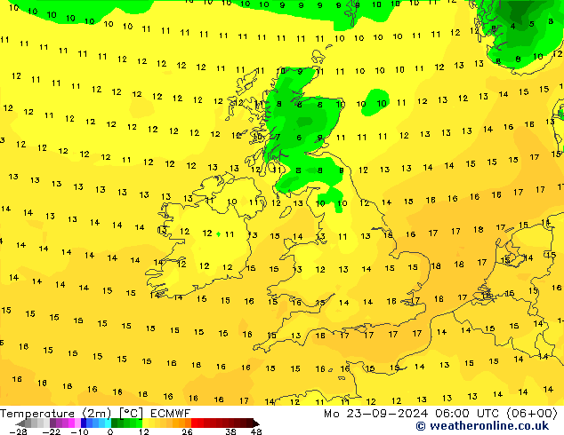 Temperature (2m) ECMWF Mo 23.09.2024 06 UTC