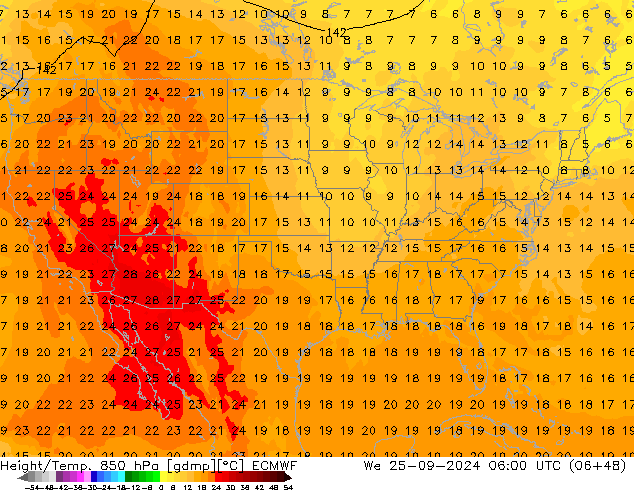 Yükseklik/Sıc. 850 hPa ECMWF Çar 25.09.2024 06 UTC