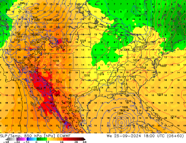 SLP/Temp. 850 hPa ECMWF śro. 25.09.2024 18 UTC