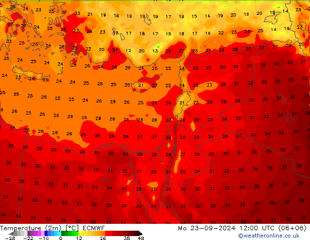 Temperature (2m) ECMWF Mo 23.09.2024 12 UTC