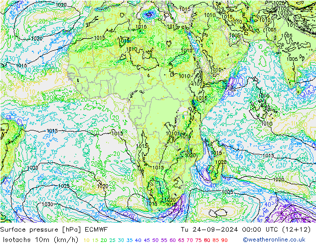 Isotachs (kph) ECMWF mar 24.09.2024 00 UTC