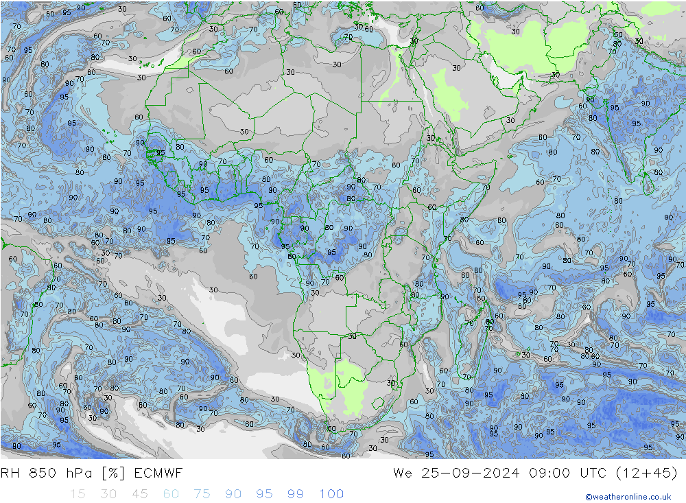 RH 850 hPa ECMWF Qua 25.09.2024 09 UTC