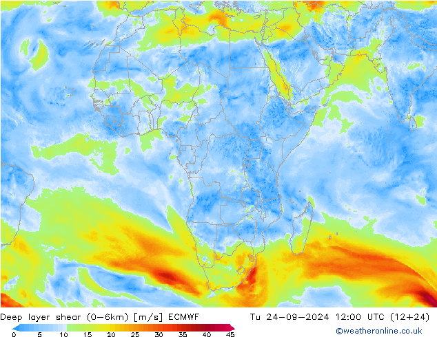 Deep layer shear (0-6km) ECMWF di 24.09.2024 12 UTC