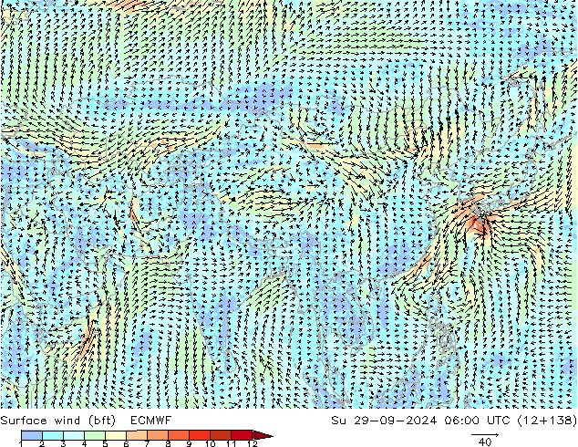 Rüzgar 10 m (bft) ECMWF Paz 29.09.2024 06 UTC