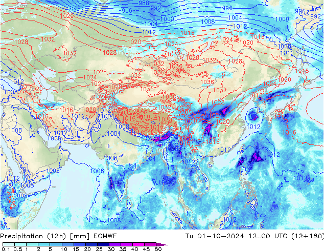 Totale neerslag (12h) ECMWF di 01.10.2024 00 UTC