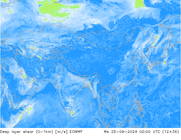 Deep layer shear (0-1km) ECMWF mer 25.09.2024 00 UTC