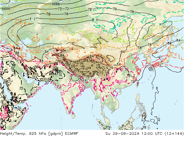 Height/Temp. 925 hPa ECMWF So 29.09.2024 12 UTC