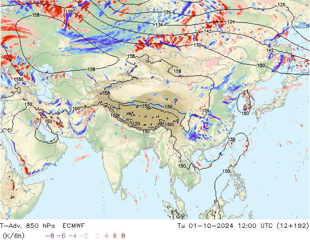 T-Adv. 850 hPa ECMWF Ter 01.10.2024 12 UTC